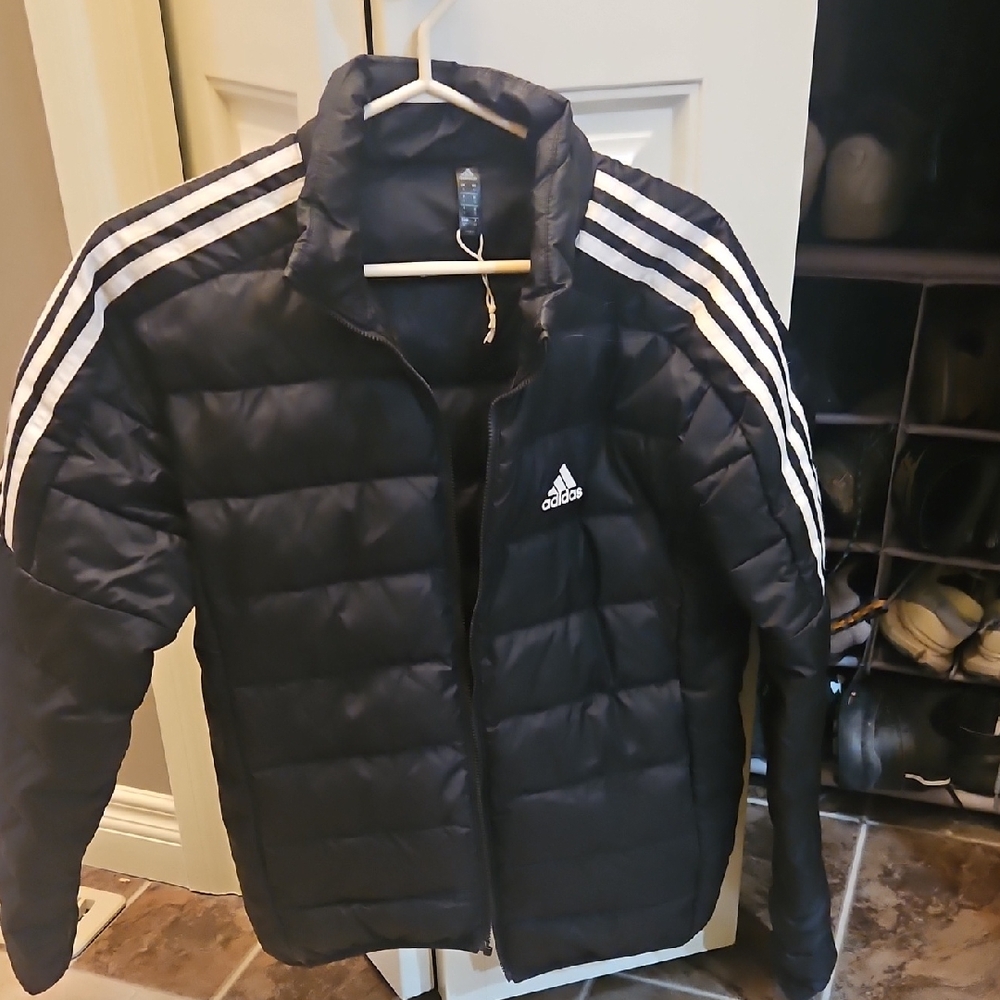 Adidas Kids Black and White Striped Puffer Jacket